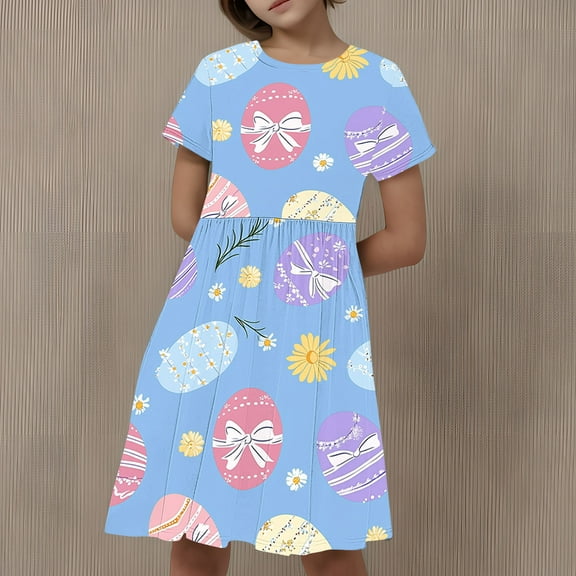 Riecok Girls Pastel Easter Egg Dress (4-14 Years) Big Kids Short Sleeve Print Patchwork Pleated Sundress Multicolor 130