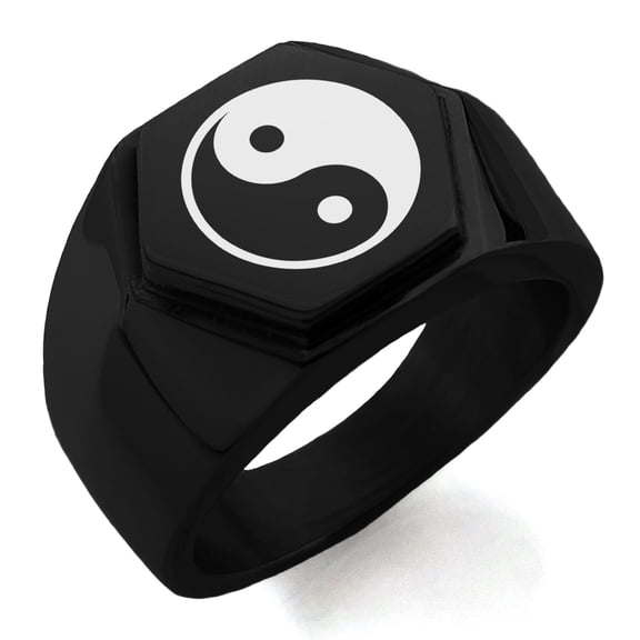 Stainless Steel Yin Yang Engraved Hexagon Crest Flat Top Biker Style Polished Ring