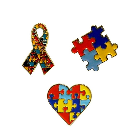 3 Piece Set Autism Awareness Heart Colorful Puzzle Pieces Lapel Hat Pins 3P007
