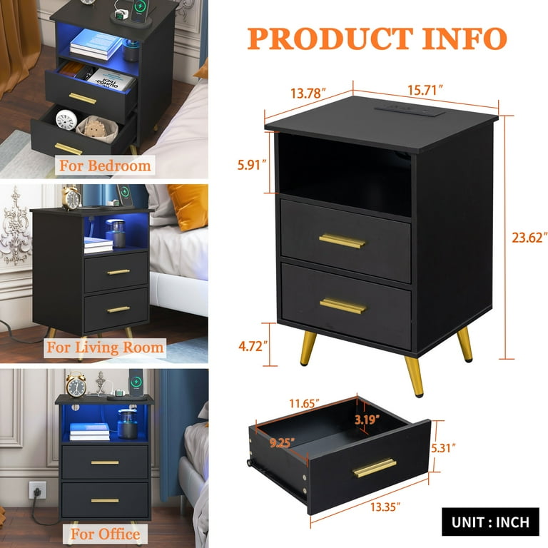 UHOMEPRO LED Nightstand with Charging, 2 Drawers Black photo 7