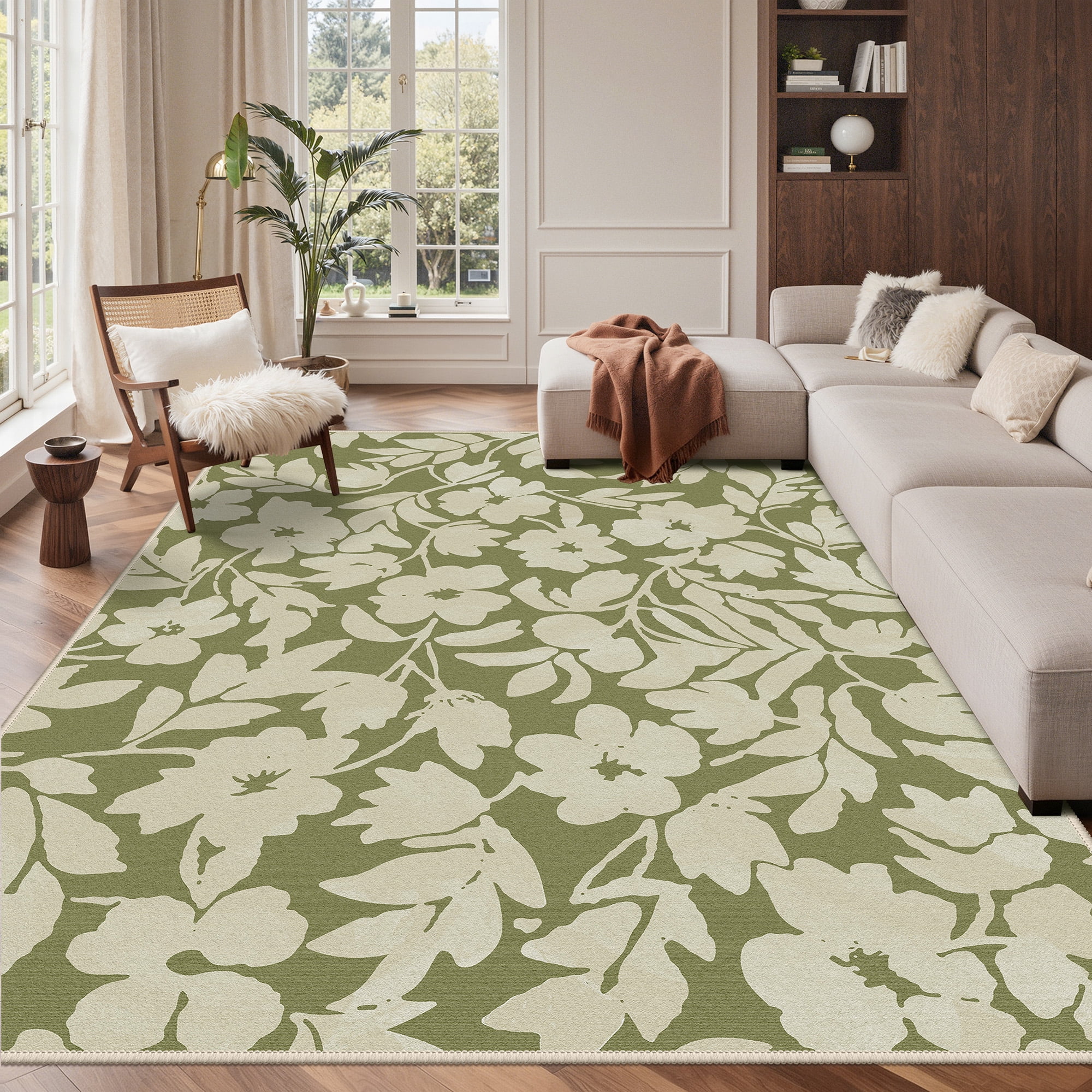 KUETH 8x10 Vintage Floral Area Rugs Machine Washable Rugs for Living Room, Non Slip Flat Pile Rug with Rubber Backing, Boho Rug for Entryway Bedroom Dining Room Home Office
