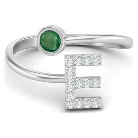 Capital E Initial Letter Emerald Women Adjustable Front Open Valentines Day Gifts Ring 925 Sterling Silver