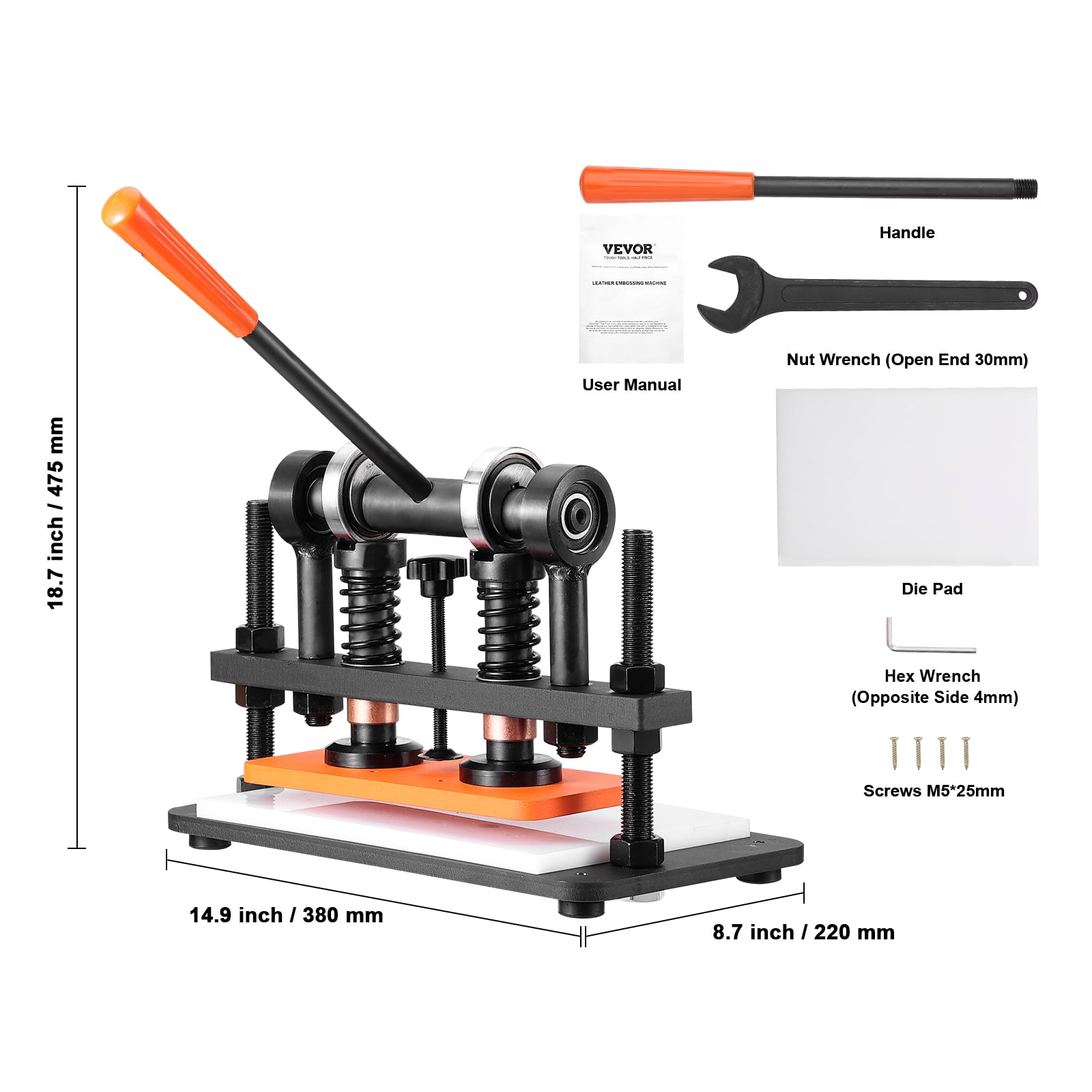 VEVOR Leather Cutting Machine, 10.2 x 4.7 in Embossing Plate Manual Die Cutter, 0.47 in Pressure Stroke Dual Guide Shafts Die Cut Machine, Leather Embossing Machine for Various of Materials