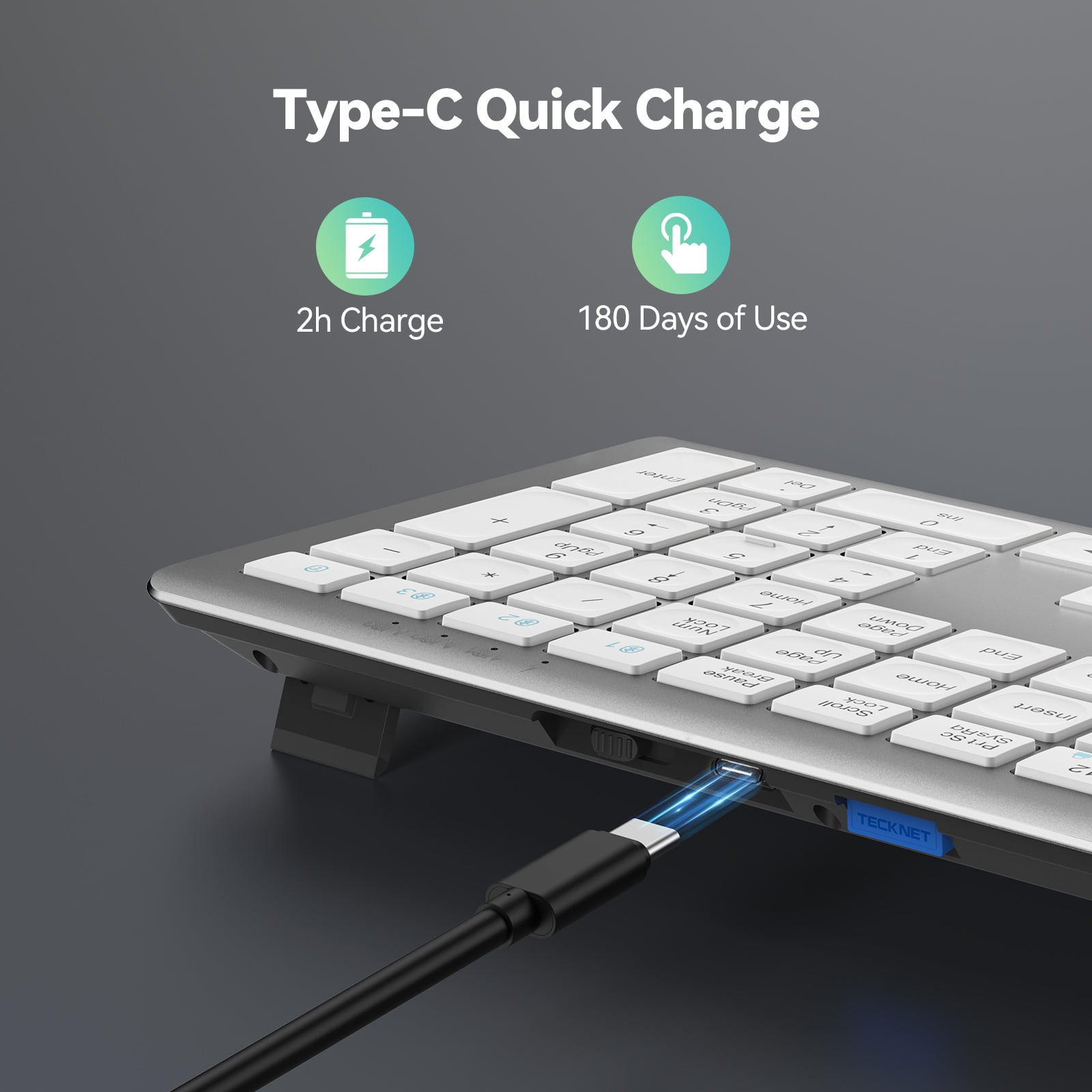 TECKNET Bluetooth Keyboard Rechargeable, 4-Device Free Switching (2.4G+BT), Ultra-Slim Full Size Wireless Keyboard, Quiet Typing, for PC/Laptop/Smart TV/Phone, Adjustable Stand, 12 Multimedia Keys