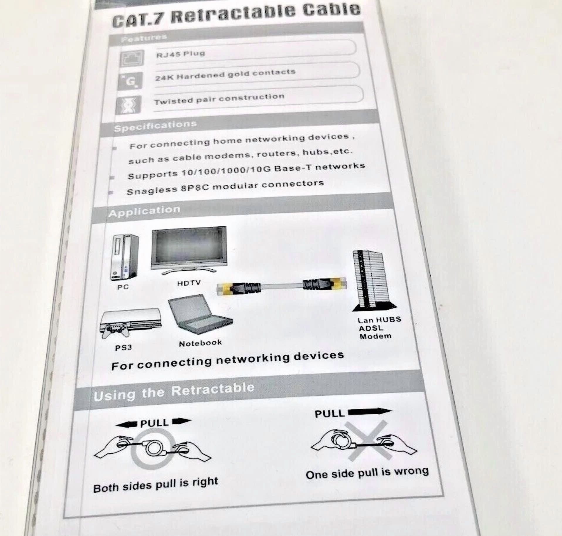 BUTTERFLY- Retractable Cat 7 Flat Ethernet Network Cable 4.9 Ft (1.5 M)
