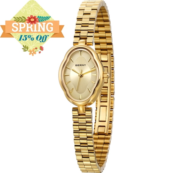 BERNY Small Gold Watches for Women, Dainty Luxury Irregular Oval Dial, Stainless Steel Bracelet Watch, Adjustment Tool Included, Waterproof, Minimalist Ladies Analog Quartz Wrist Watch (Gold)