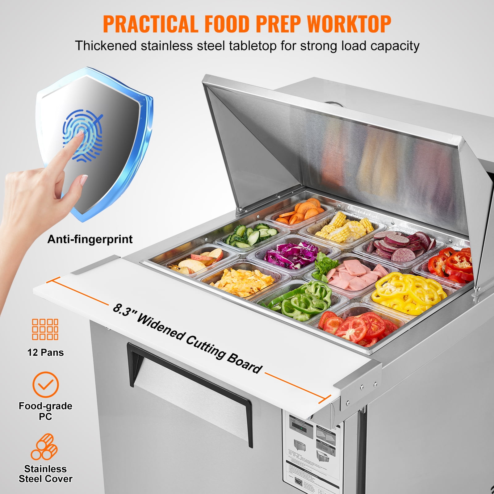 KFFKFF 28" Professional Cold Storage Unit & Salad Preparation Table, 7.4 Cubic Feet Stainless Steel Chilled Food Preparation Station with 12 Containers, Cutting Board, Defrosting Fridge with Lock