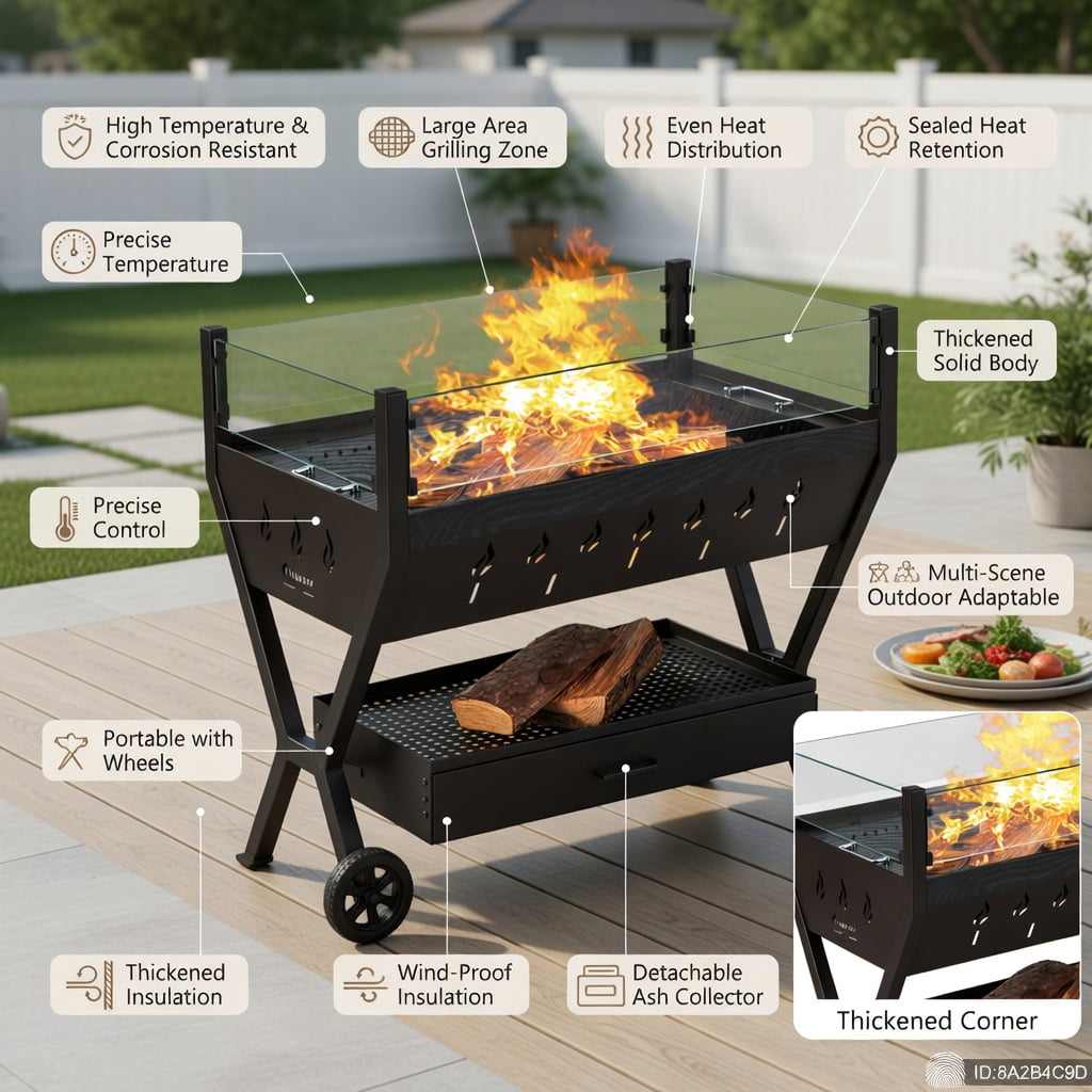 Resenkos Outdoor Patio Barbecue Cooker, Outdoor Grills,Barbecue Charcoal Grills with Wind Guard Seasoning Racks-Black