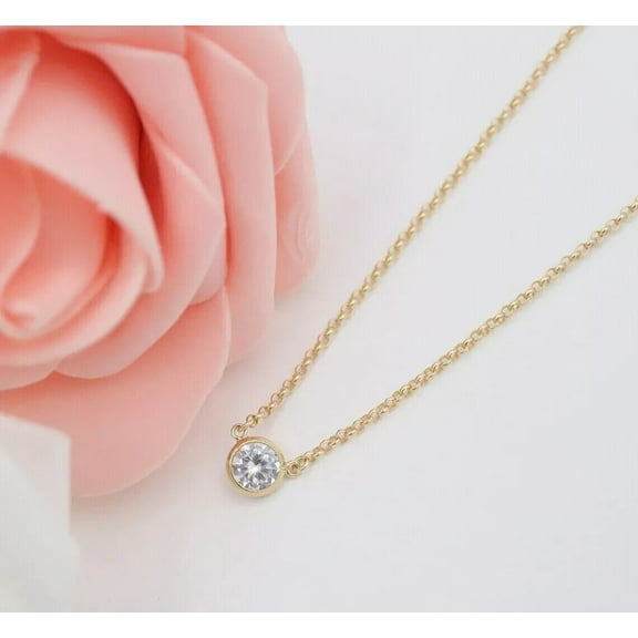 1Ct Lab Created Diamond Round Cut Solitaire Bezel Set Fancy Pendant For Ladies 14K Yellow Gold Plated 18" Free Chain
