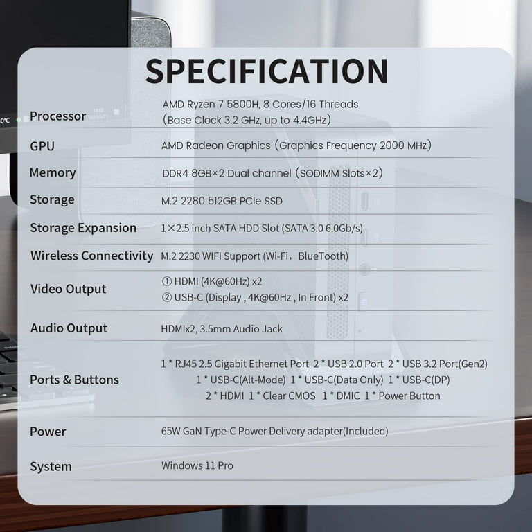 MINISFORUM Venus Series UM580 Mini PC Windows 11 Pro with AMD Ryzen 7 5800H  Processor 32GB RAM 512GB PCIe SSD 4K Dual HDMI Alt-Mode USB-C Mini Desktop  PC with GaN Power Supply