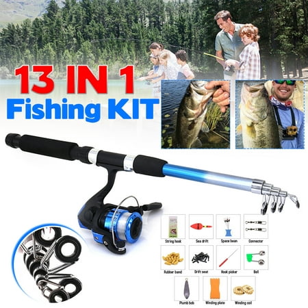 13 In 1 Fishing Rod and Reel Combo Foldable Telescopic Fishing Rod + 180cm Spinning Reel String+ Hook Set Combos High Gear Ratio with Fishing Line Fishing