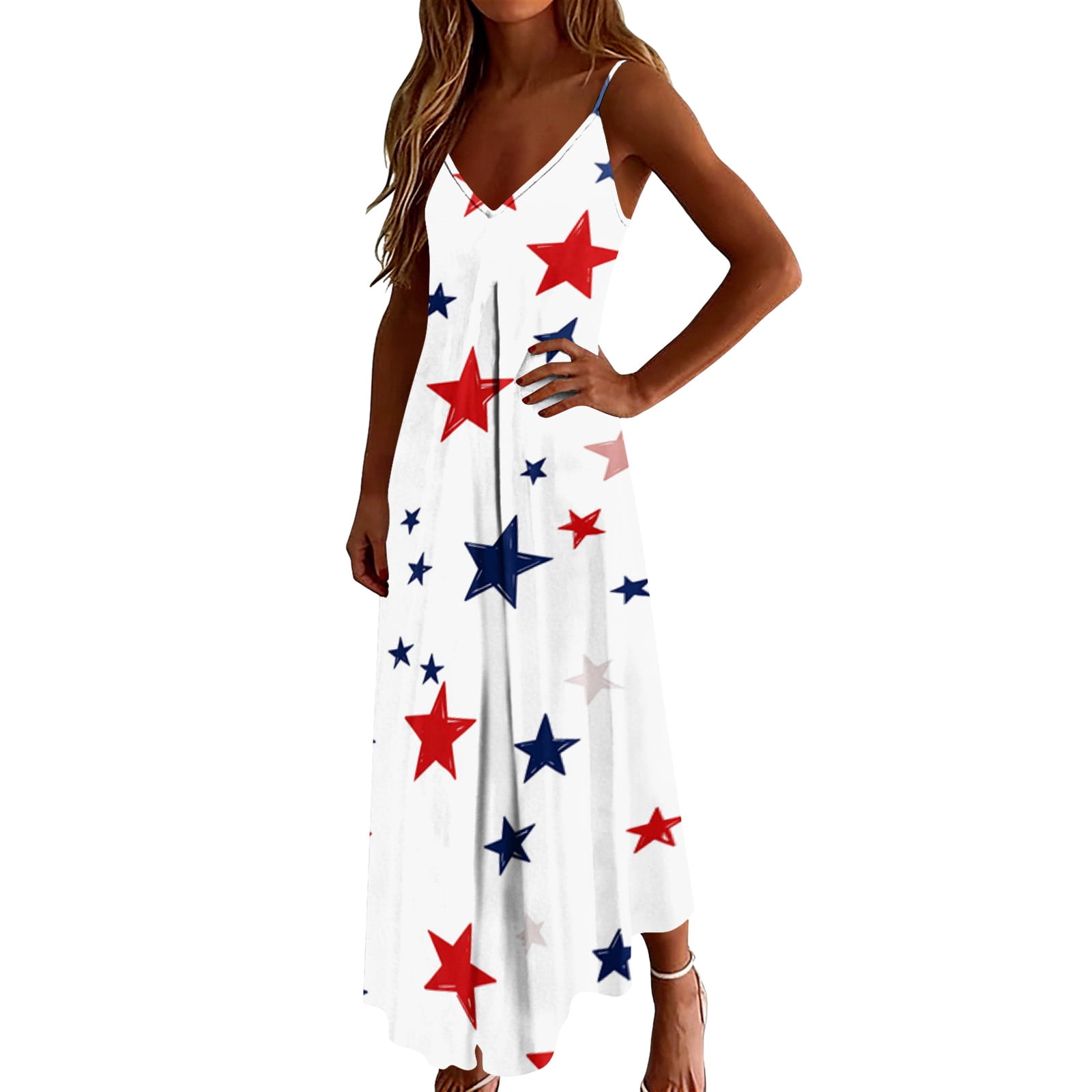 Plus Size Women 4th of July Sleeveless Dress Patriotic V Neck Maxi Dresses Spaghetti Strap Beach Long Dresses