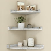 Afuly Corner Floating Shelves Wall Mounted, Rustic Pine Wood Corner Floating Shelf Set of 3, Distressed White Corner Wall Shelves for Living Room Kitchen Bedroom Bathroom, 9.68x9.68 Inch
