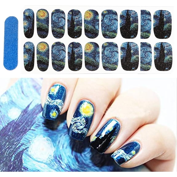 Shimmery Starry Sky Gel Nail Strips Full Nail Wraps, 2 Sheets (28 Decals) Long Lasting Nail Art Stickers, Easy Manicure Set with Nail File
