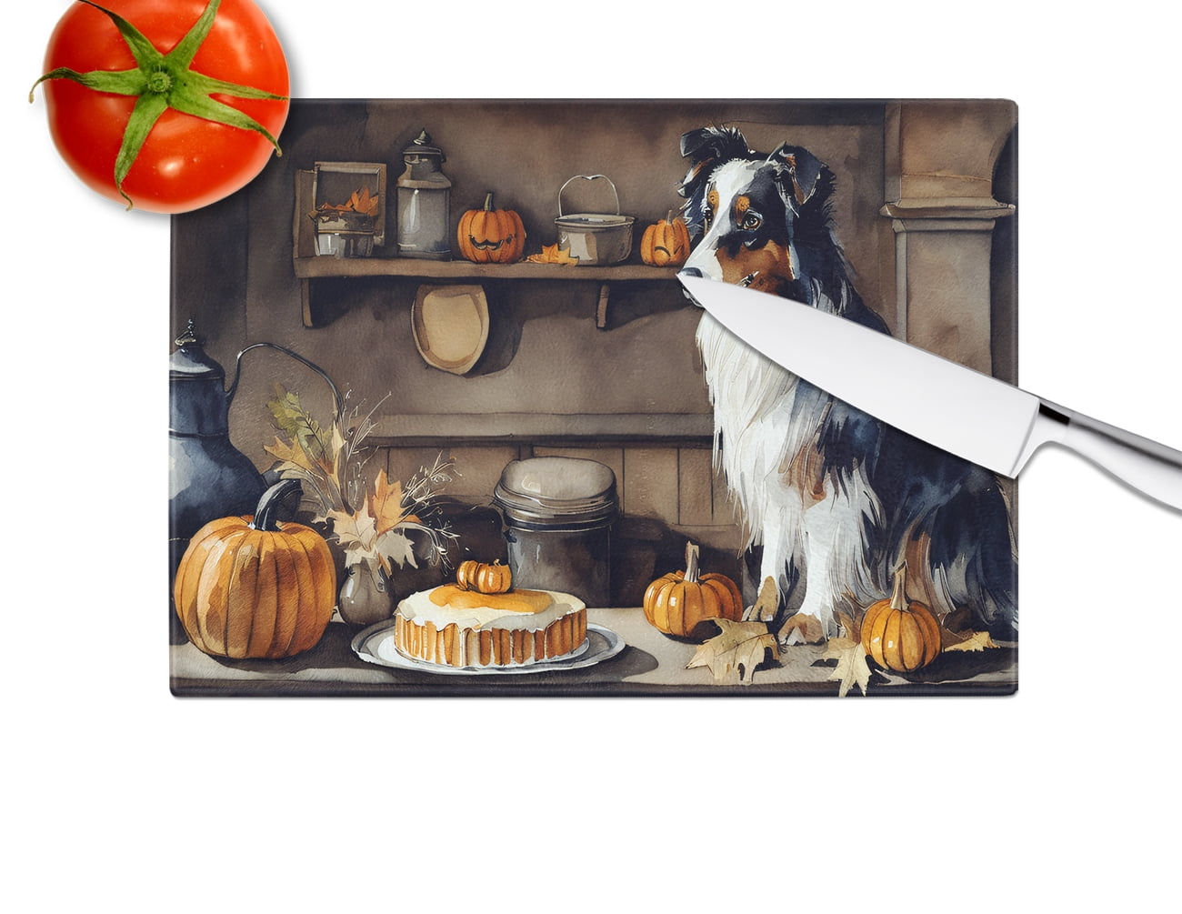 Australian Shepherd Fall Kitchen Pumpkins Glass Cutting Board Large 12 in x 15 in
