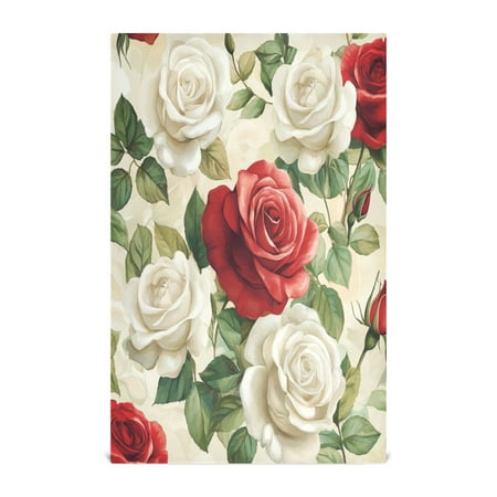 WOBOGO Red White Rose Pattern Kitchen Towel 6 Piece Large Cotton Dishcloth Premium Absorbency Set with Hanging Loop