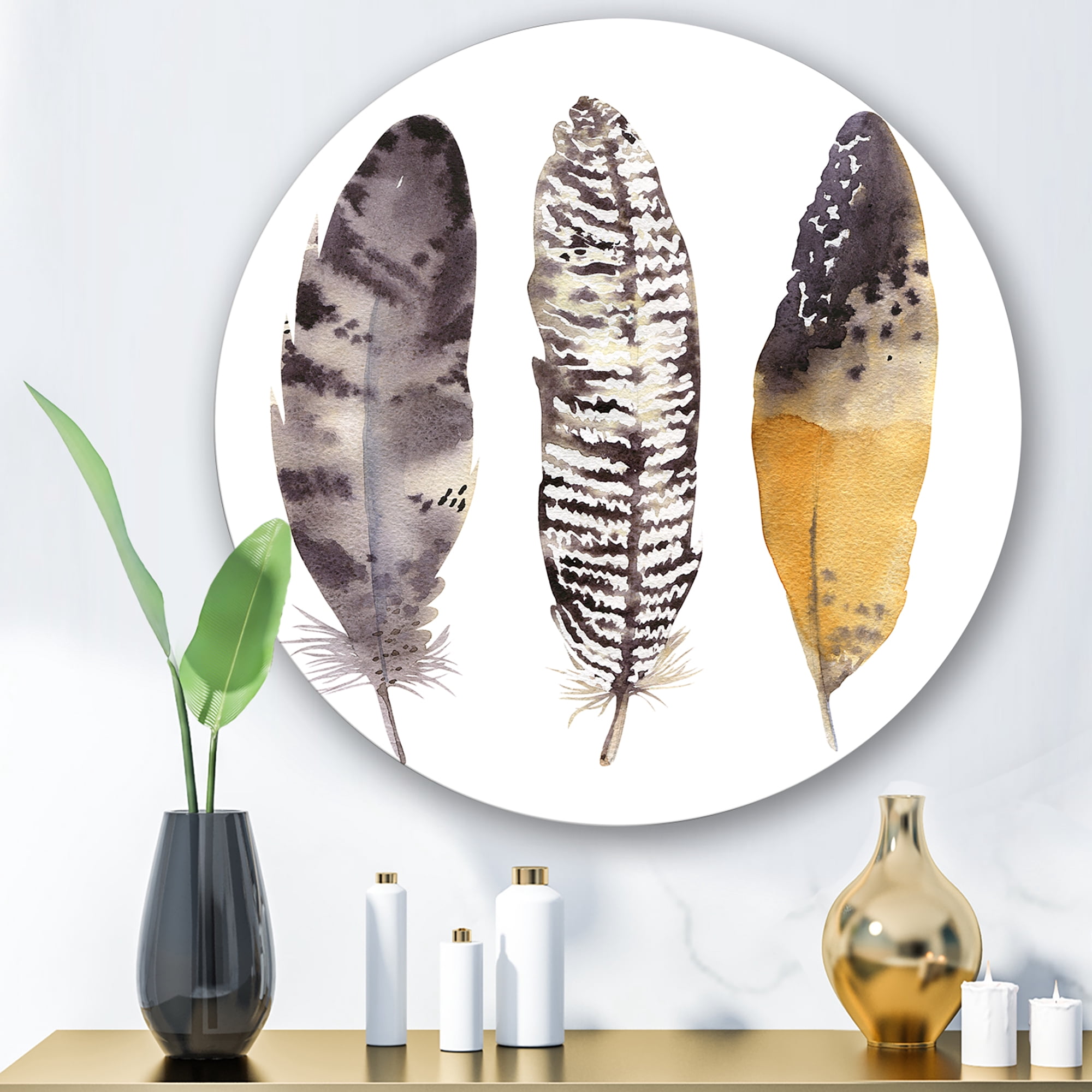 Designart 'Boho Ethnic Art Dark Gray Feathers III' Bohemian & Eclectic Circle Metal Wall Art 23x23 - Disc of 23