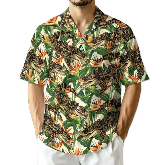 Netecom Alligator Hawaiian Shirt for Men, Button Down Summer Beach Short Sleeve, Tropical Style, Sizes S-5XL