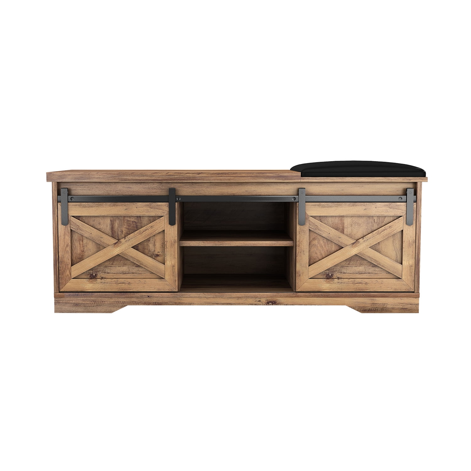 Kadyn 47 Inch Modern Farmhouse Sliding X Barn Door Litterbox Bench, Particle Board Shoe Bench with Entry Cutout, Light Brown Bench for Entryway Bedroom Kadyn 47 Inch Modern Farmhouse Sliding X Barn Door Litterbox Bench, Particle Board Shoe Bench with Entry Cutout, Light Brown Bench for Entryway Bedroom