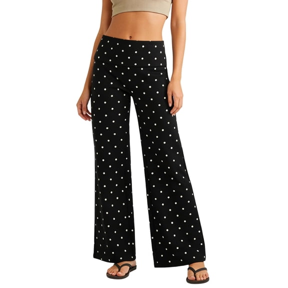 RUTAYY Women's Flared Pants Polka Dot Casual High Waist with Double Waistband Loose Fit Wide Leg Everyday Comfort Fashion Travel Trousers