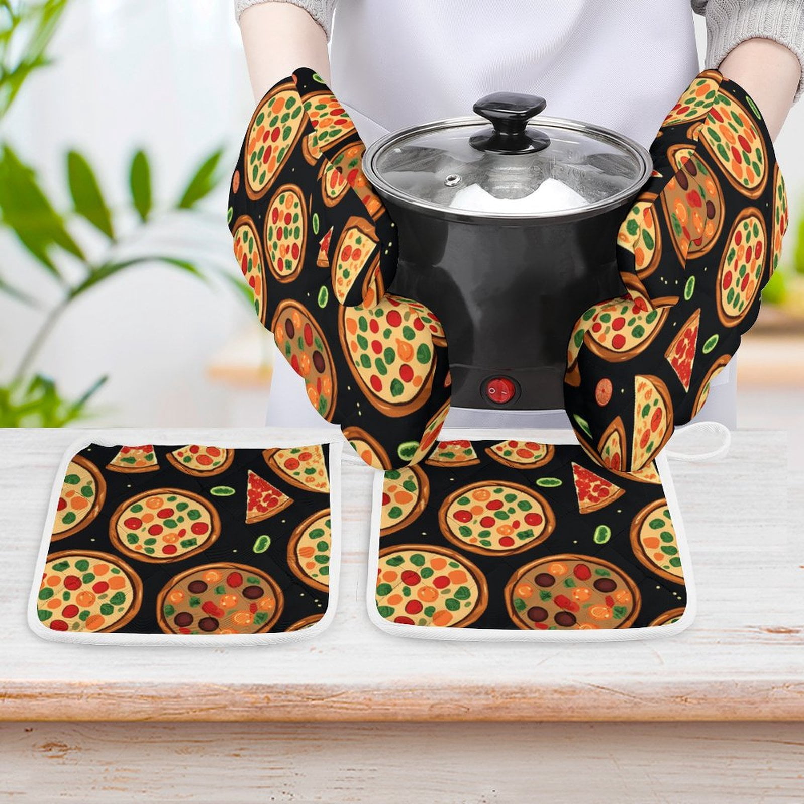 Fun Pizza Oven Mitts And Pot Holders Sets of 4 Oven Gloves Set Potholders for Kitchen Cooking Baking Grilling Anti Scald Hot Pads And Heat Resistant
