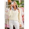 thumbnail image 3 of Women's White Button Striped Collar Patchwork Puff Sleeve Sweatshirt, XL, 3 of 12