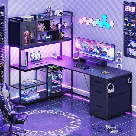 SEDETA L Shaped Computer Desk, 58'' Office Desk with 3 Drawers and Bookshelf, L Shaped Corner Desk with Storage Shelves and LED Light for Home Office, Gaming Desk, L Desk, Black