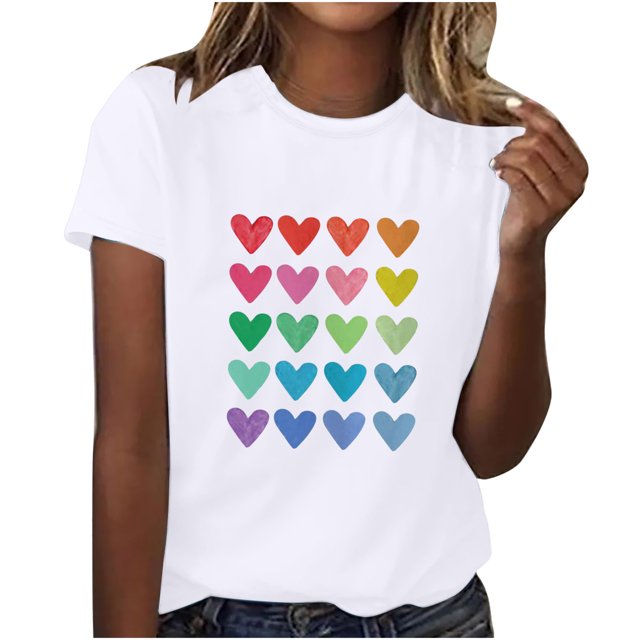 Diufon Hauts de la Saint-Valentin pour Femmes Manches Courtes Décontractées Col Rond Chandail Tendance Mignon Imprimé Graphique