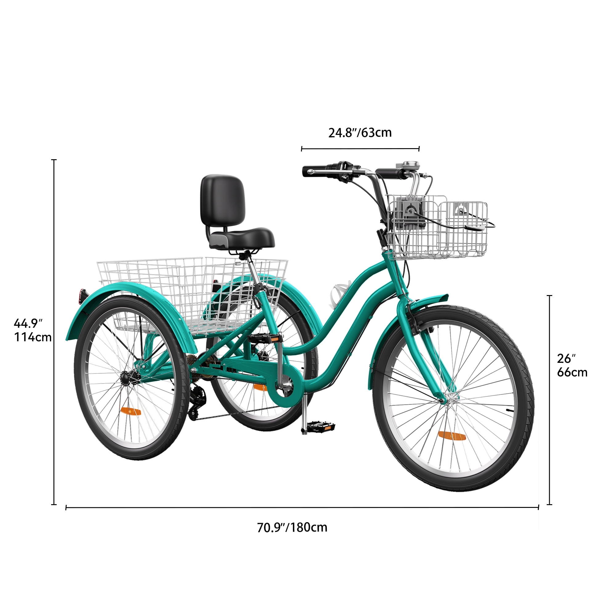Uforic 7-Speed 26-Inch Tricycle, 3-Wheel Adult Cruiser Bike, Low Step-Through Design with Front and Rear Baskets, Large Adjustable Seat with Backrest for Seniors, Women, and Men (Mint Green)