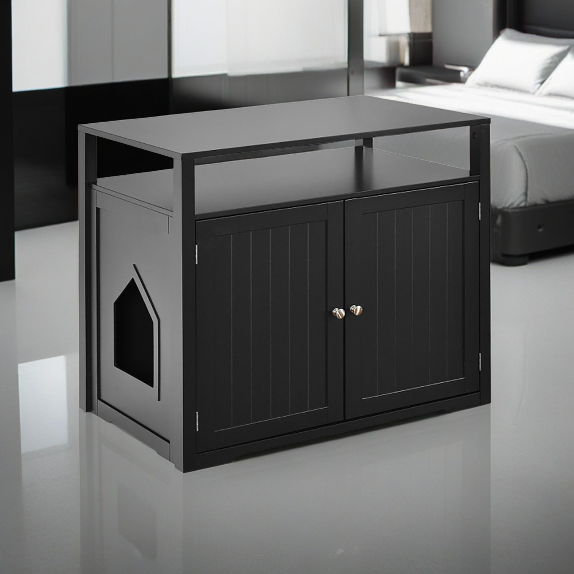 Kadyn 31" Wooden Hidden Cat Litter Box Enclosure Furniture, Cat Washroom with Storage Layer, Cat House for Large Cats, Black