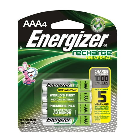 Energizer Recharge Universal 700 mAh Rechargeable AAA Batteries, Pre-Charged, 4 Count
