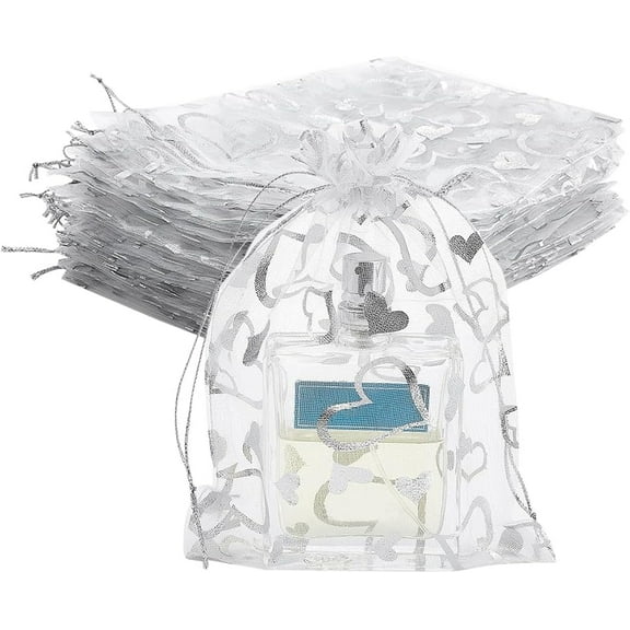 100pcs 5x7 Inch Valentine Heart Organza Bags Gift Bags White Jewelry Pouch Bags Sheer Drawstring Bags Wedding Favors Bag Candy for Small Business Mother Festival Christmas