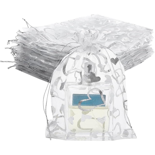 100 bolsas de organza con forma de corazón para bodas, de 5 x 7 pulgadas, para regalo, color blanco, para joyería, con cordón transparente, para regalos de boda.