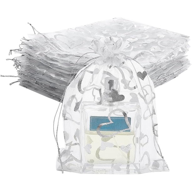 100 bolsas de organza con forma de corazón para bodas, de 5 x 7 pulgadas, para regalo, color blanco, para joyería, con cordón transparente, para regalos de boda.