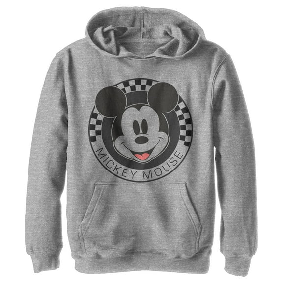 Boy's Mickey & Friends Checkered Mickey Mouse Portrait  Pull Over Hoodie Athletic Heather Medium