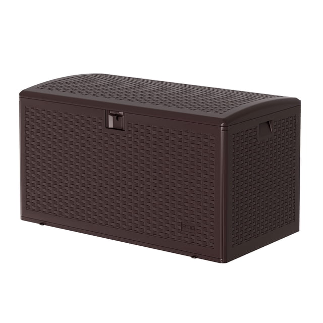 Coffre de Rangement pour Terrasse en Résine Brun de 73 Gallons – Coffre Extérieur Étanche, Résistant aux Intempéries et Verrouillable pour Coussins de Meubles de Patio, Outils de Jardin, Jouets de Piscine – Organisateur Durable avec Sangle Tressée, Brun