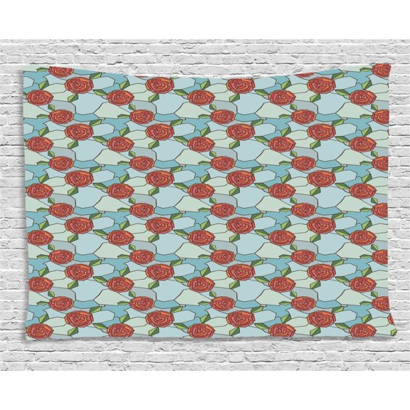 Valentines Day Tapestry, Romantic Roses Symbol of Love with Stained Glass Effect Abstract Garden, Wall Hanging for Bedroom Living Room Dorm Decor, 60W X 40L Inches, Multicolor, by Ambesonne