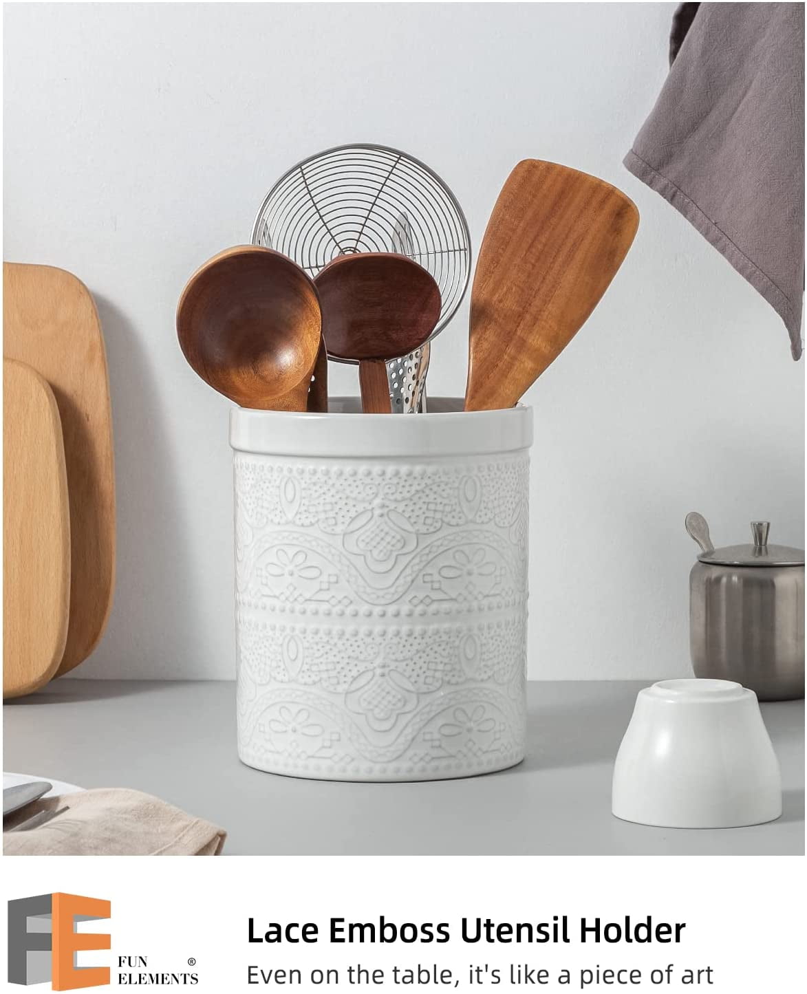 FUN ELEMENTS Kitchen Utensil Holder, 7.2" Super Large Utensil Crock Heavy and Stable Lace Emboss Ceramic Utensil Holder for Kitchen Counter (Bright White)