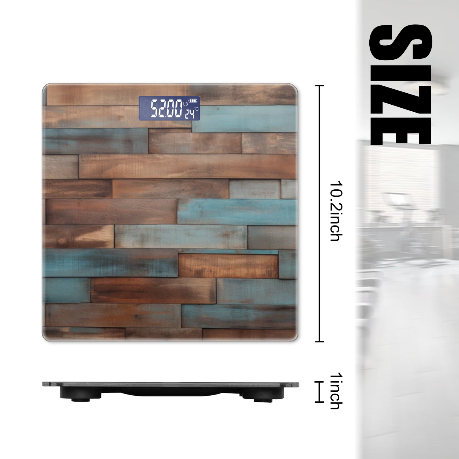 Bathroom Scale, Highly Accurate Digital Body Scale,Precisely Measures Weight up to 400 lbs-Wooden Wall Texture With Blue And Brown Color Palette