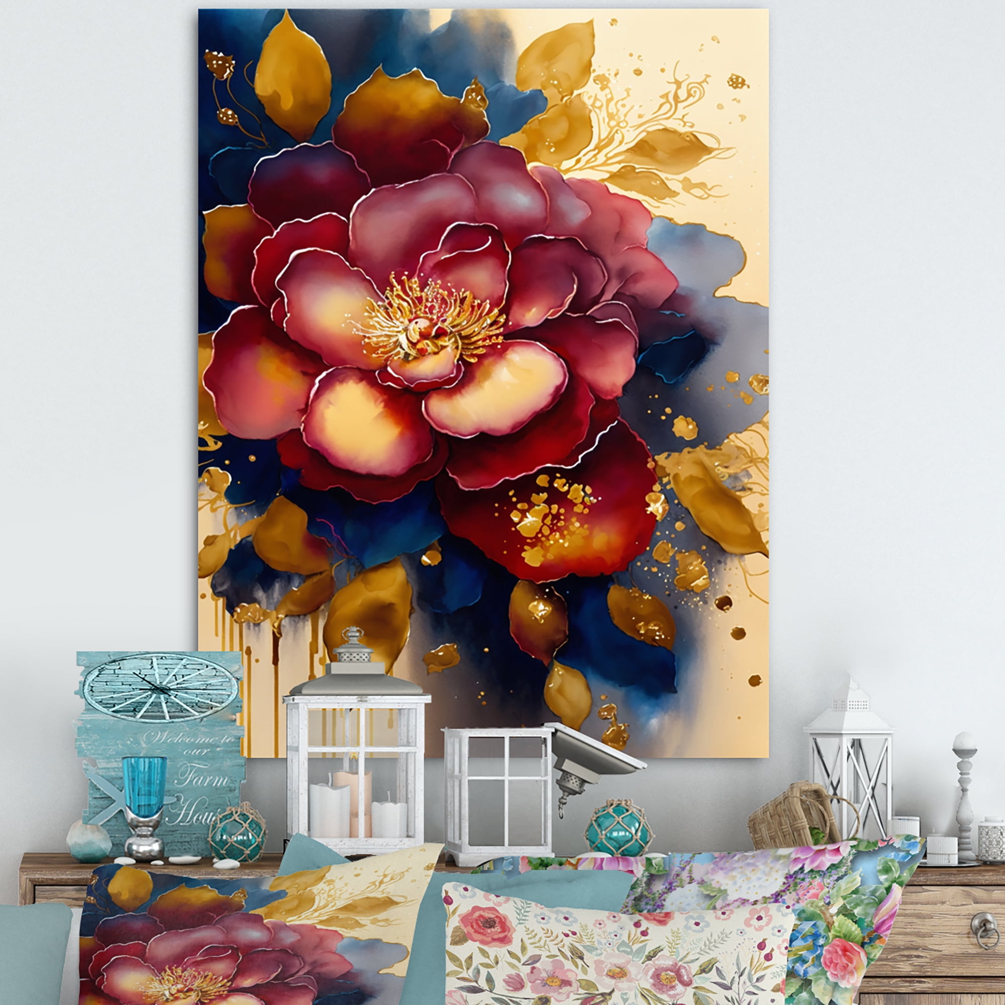 Designart Red And Gold Camellia Floral Design II Canvas Wall Art