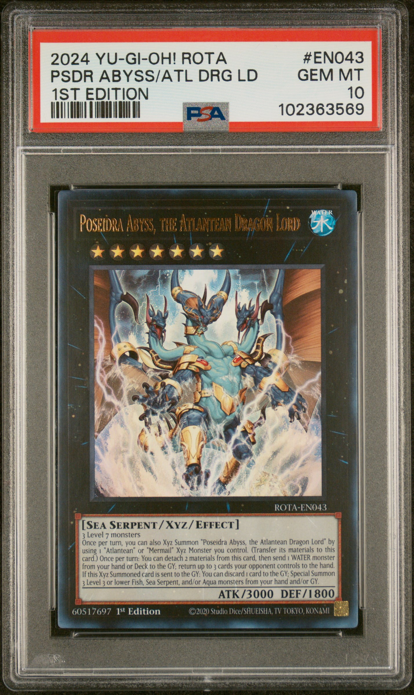 Yu Gi Oh! TCG, PSA Graded 10 GEM MINT, Psdr Abyss/Atl Drg Ld 1St Edition #EN043, Rota Rage Of The Abyss, Fully Encapsulated Bundle with Compatible Yu Gi Oh! Hard Sealed Case