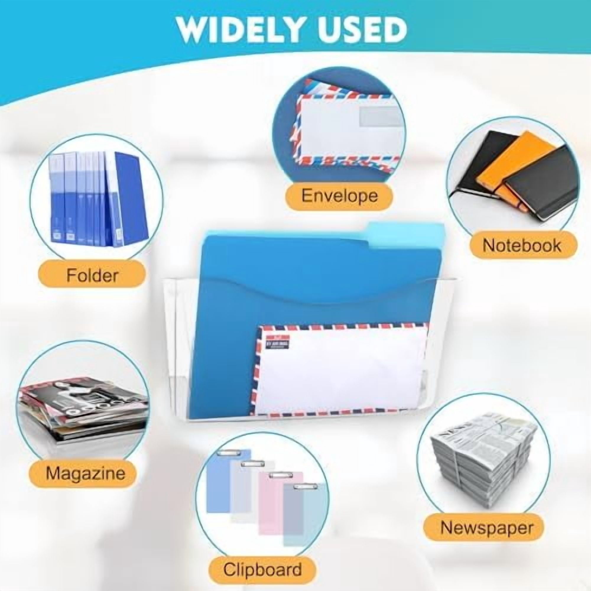 4 Pack Clear Single Pocket Hanging File Organizer, Plastic Wall Mount Paper Mails Magazines Holder, Mounted Folder Bins for Office, School and Home, 13.85x3.14x6.88 inches
