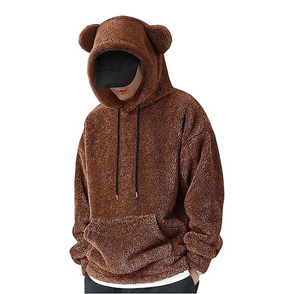 KAUOD Hoodies for Men Winter Fashion Men's Bear Ear Hoodies Drawstring Long Sleeve Fleece Sweatshirt Fuzzy Pullover Tops