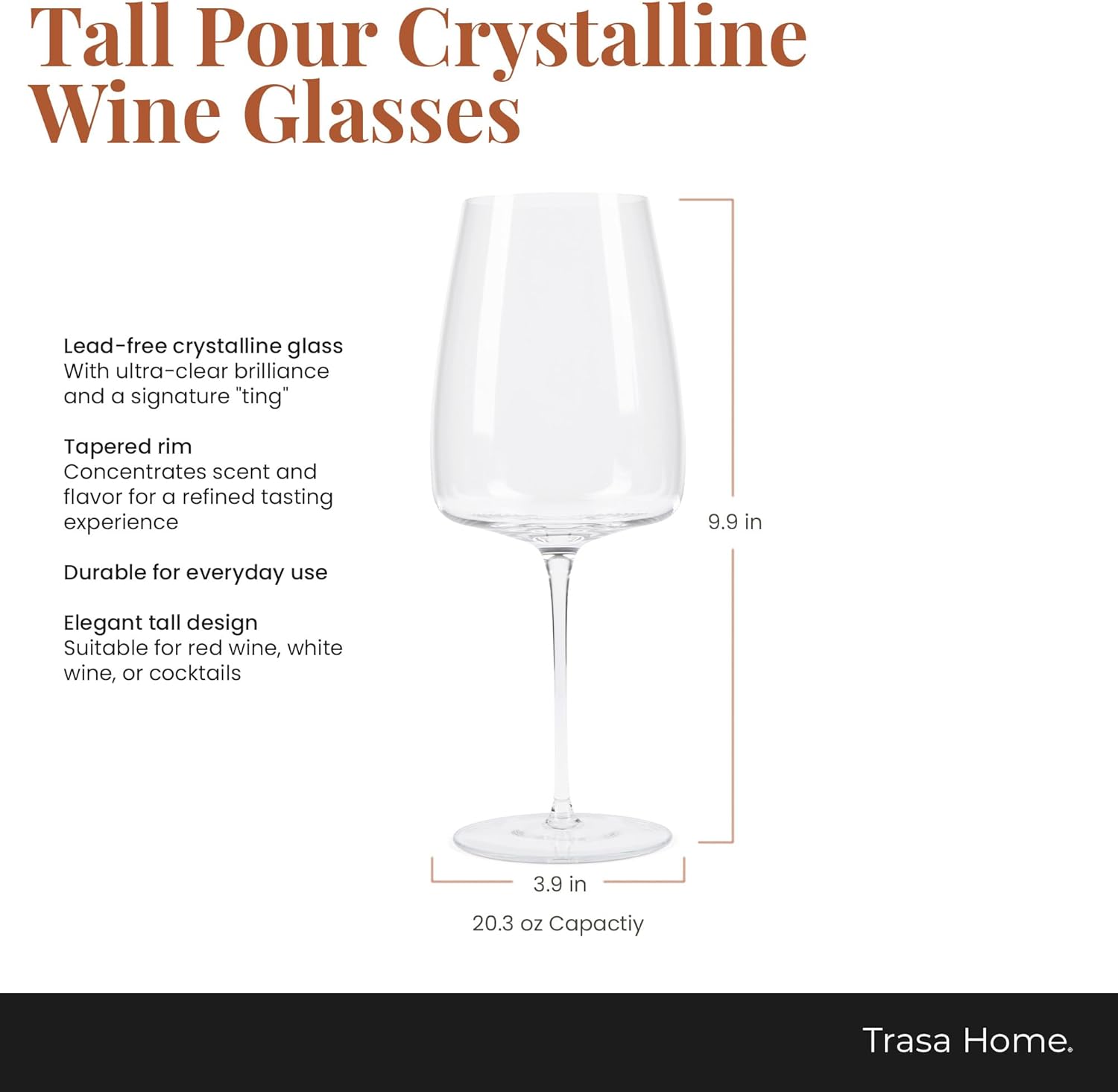 Set of 4 Wine Glasses 20.3 oz | Hand Blown Lead Free Crystal | Use for White and Red Wine