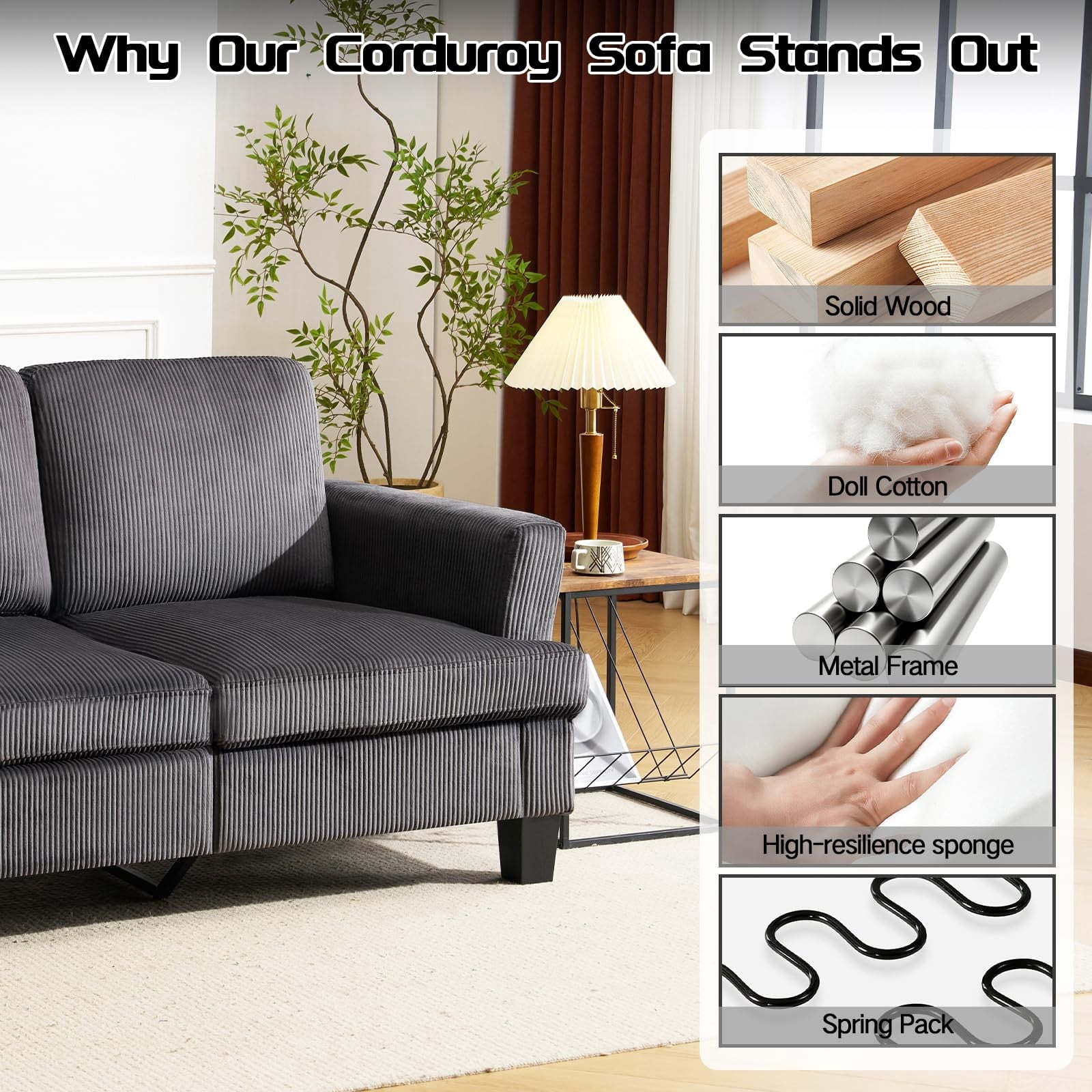 84" Mid Century Modern 3 Seater Sofa Couch, Deep Seat Corduroy Upholstered Sofa with Armrests for Living Room, Bedroom & Apartment, Dark Gray