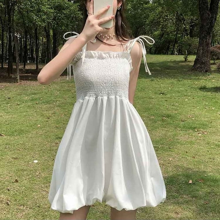 Summer White Spaghetti Strap Dress Women Korean Style A Line Fluffy Mini Dresses Woman Sleeveless Loose Sundress Female Lovely Gift XXL