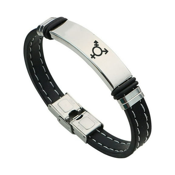 Non-Binary Jewelry - Soft Silicone Transgender Symbol Bracelet Stainless Steel Trans Pride Gender Identity Id Bangle Trans Support Jewelry for Allies, 8.26 inches, Silver