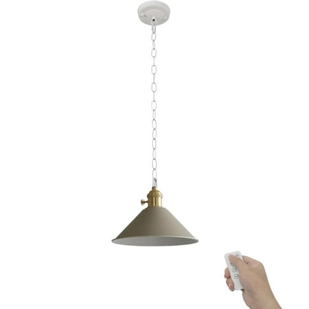 

FSLiving Wireless USB Charging Battery Run Dimmable Remote Control Low-Voltage 5V LED Pendant Lighting Vintage Design Khaki Metal Light Fixture for Laundry Dorm Bedroom Easy to Install-1 Light