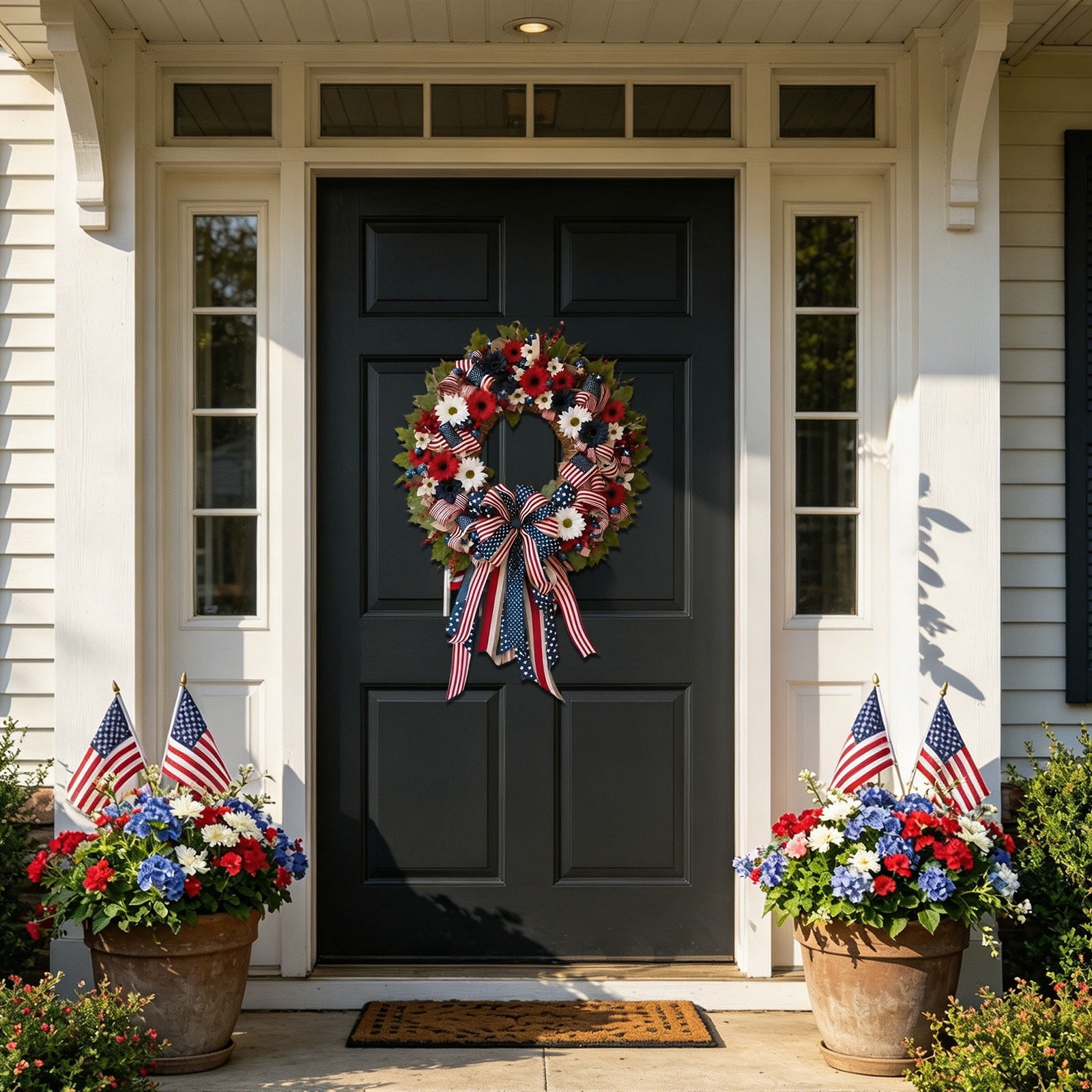 Leutsin Patriotic Wreath for Front Door, Red White Blue Floral American Flag Wreath with Ribbon Bow, 4th of July Wreath for Independence Day 250th Anniversary Home Wall Window Porch Decor