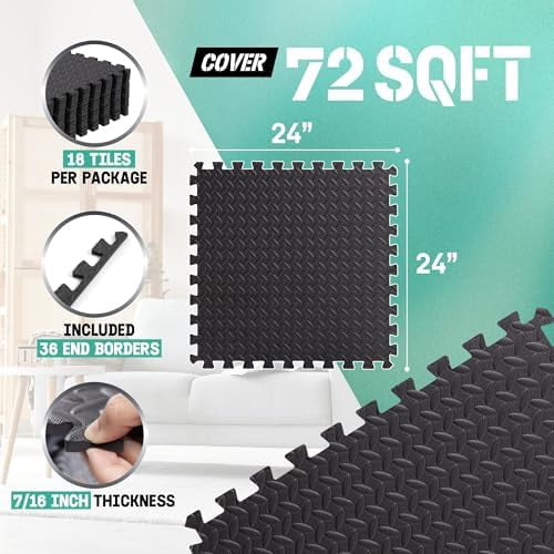 24SQFT-120SQFT Puzzle Exercise Mat for Home Gym, EVA Interlocking Foam Floor Tiles with Border for Workout Equipment Black,C. 7/16" Thick, 72SQFT